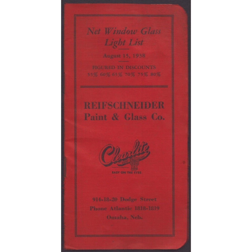 1938 Reifschneider Paint & Glass Co Omaha Nebraska Window Glass Light List